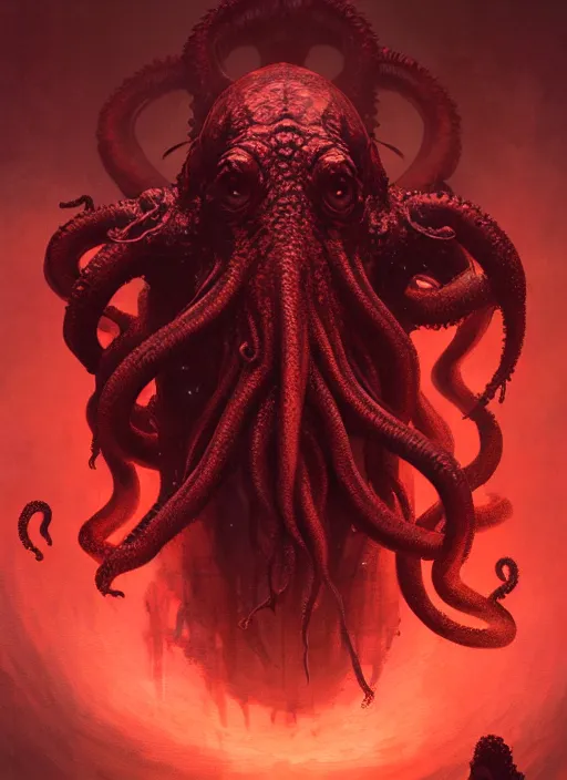 Prompt: painting of a cthulhu, highly detailed, digital painting, concept art, smooth, sharp focus, illustration, illustration by greg rutkowski, yoji shinkawa, 4 k, digital art, concept art, red color, trending on artstation, 8 k