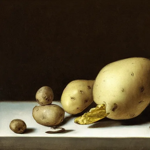 Image similar to vanitas painting of a solitaire potato contemplating it's life thus far, oil on cavnas by Pieter Claesz