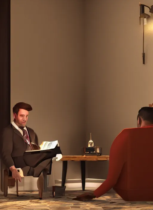 Image similar to an energetic politician reads to a spy in a lounging room, digital art, unreal 5, DAZ, hyperrealistic, octane render, dynamic lighting