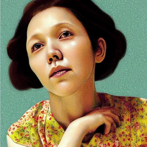 Image similar to “ maggie gyllenhaal portrait by ikenaga yasunari and ayana otake and ko rakusui, 6 0 s poster, drawing, realistic, sharp focus, japanese, dreamy, nostalgia, faded, golden hues, floral clothes, porcelain skin ”