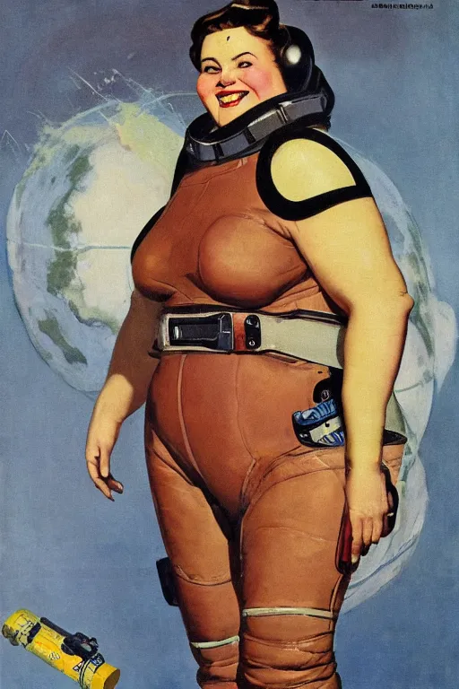 Prompt: 5 0 s pulp scifi fantasy illustration full body portrait cheerful overweight woman in leather spacesuit on mars, by norman rockwell, roberto ferri, daniel gerhartz, edd cartier, jack kirby, howard v brown, ruan jia, tom lovell, frank r paul, jacob collins, dean cornwell, astounding stories, amazing, fantasy, other worlds