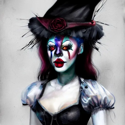 Image similar to goth clown girl, painting, highly detailed, artstation, colorful, beautiful