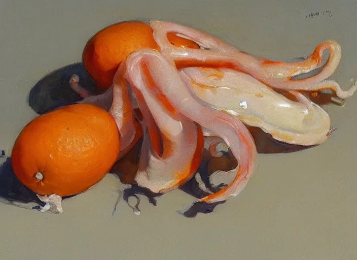 Image similar to “ a highly detailed beautiful portrait of a squid peeling an orange, by gregory manchess, james gurney, james jean ”