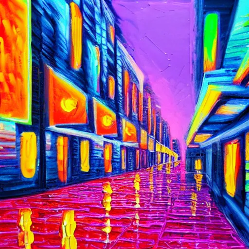 Image similar to impasto texture acrylic painting of a neon lit city street at night