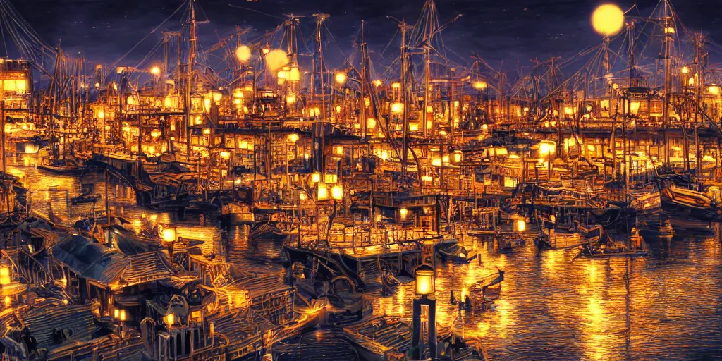 Image similar to photorealistic image of a japanese harbor at midnight, beautiful lighting, extremely intricate, hyper detailed, hd, masterpiece