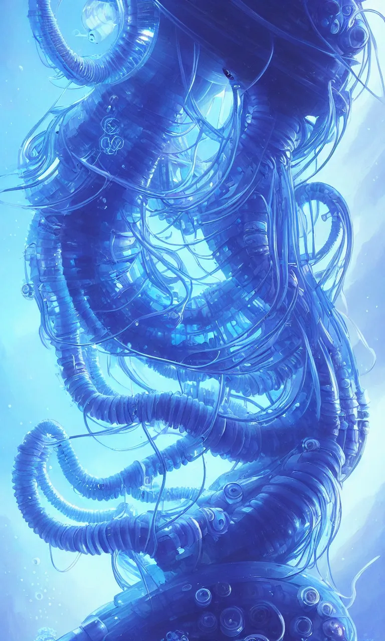 Prompt: detailed cyberpunk jellyfish, blue tones, underwater, full frame, highly detailed, digital painting, artstation, concept art, smooth, sharp focus, illustration, art by artgerm and greg rutkowski and alphonse mucha