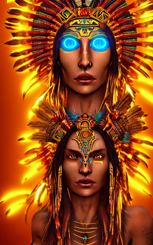 Prompt: native - aztec - neon - dmt warrior - princess goddess with a golden headdress, piercing glowing eyes, a beautiful body with aztec - dmt gilded gold foil tattoos, full - body uncropped photo, 4 k cinematic hyperdetailed photorender realityengine ultrahd 1 0 0 mp photo