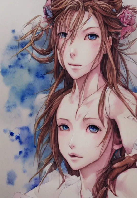 Image similar to a full - body watercolor painting of aerith gainsborough!!!!!! by yoshitaka amano, highly detailed, intricate, trending on artstation, award - winning