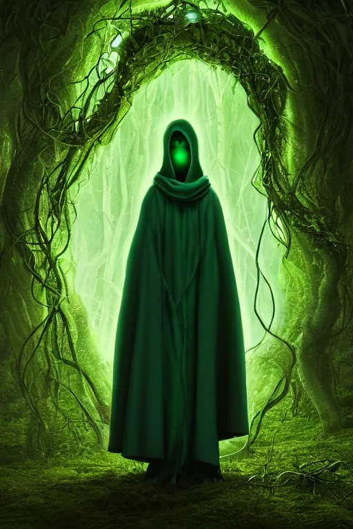 Image similar to A full body portrait of a cute shaman with no face, glowing eyes and a very long hooded dark green cloak of leaves and vines by Pixar, ominous, cosmic horror, stylized, Octane Render 4k