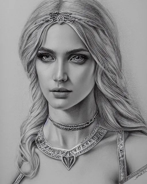 Image similar to pencil drawing of a beautiful greek goddess aphrodite with arrowhead jewelry, beautiful piercing eyes, beautiful blonde hair, hyper realistic face, in the style of greg rutkowski, fantasy, amazing detail, epic, elegant, smooth, sharp focus, from the front