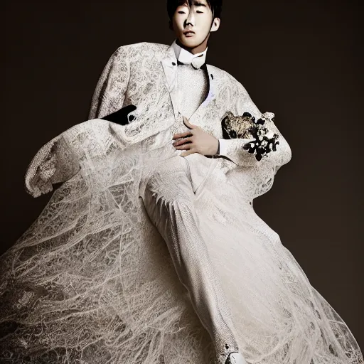 Image similar to a beautiful young korean male wearing a translucid lace wedding gown designed by alexander mcqueen, photographed by andrew thomas huang for a fashion editorial