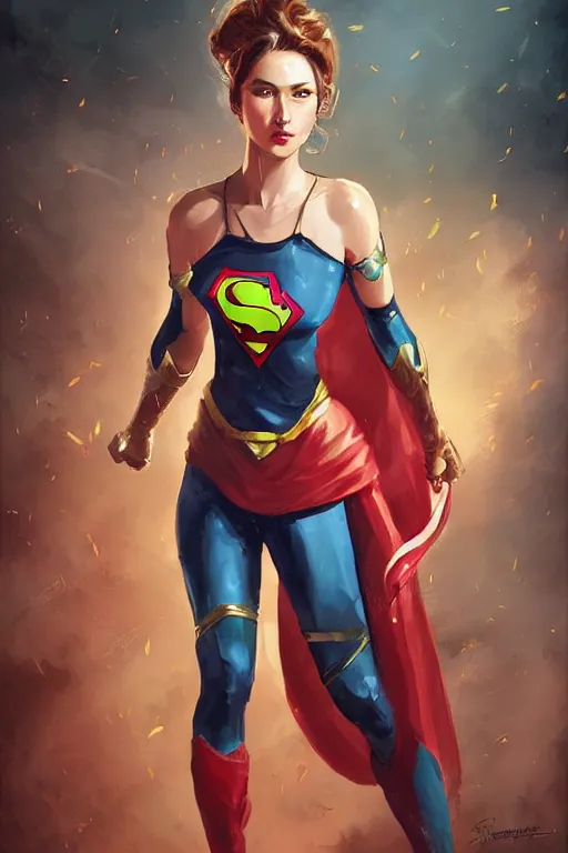 Image similar to three quarters portrait of a beautiful woman,super hero costume,heroic pose,highly detailed, digital painting,illustration, art by Stanley Lau