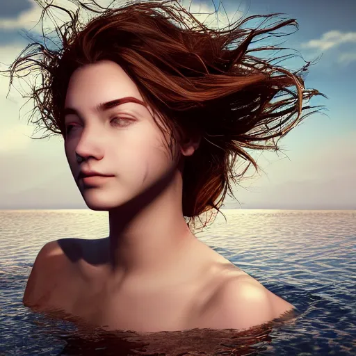 Image similar to epic portrait of a girl floating in water with only her face and some hair visible, surrounded by loose petals, beautiful, unreal engine, high detail