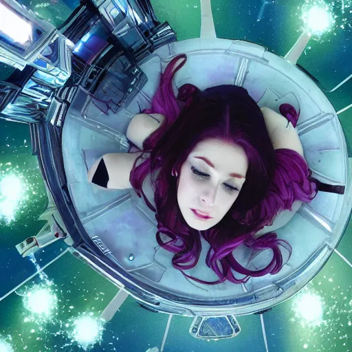 Prompt: fae valentine lying down ontop of her spaceship taking a nap