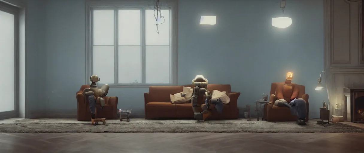 Image similar to Lonely and depressed robot sitting on a couch in front of a large fireplace in a Victorian home in the future. octane render, extremely detailed, cold blue cinematic lighting, 8k, lens flare, cinematic movie photograph, closeup portrait, trending on artstation, cgsociety, award-winning art, by Simon Stalenhag.