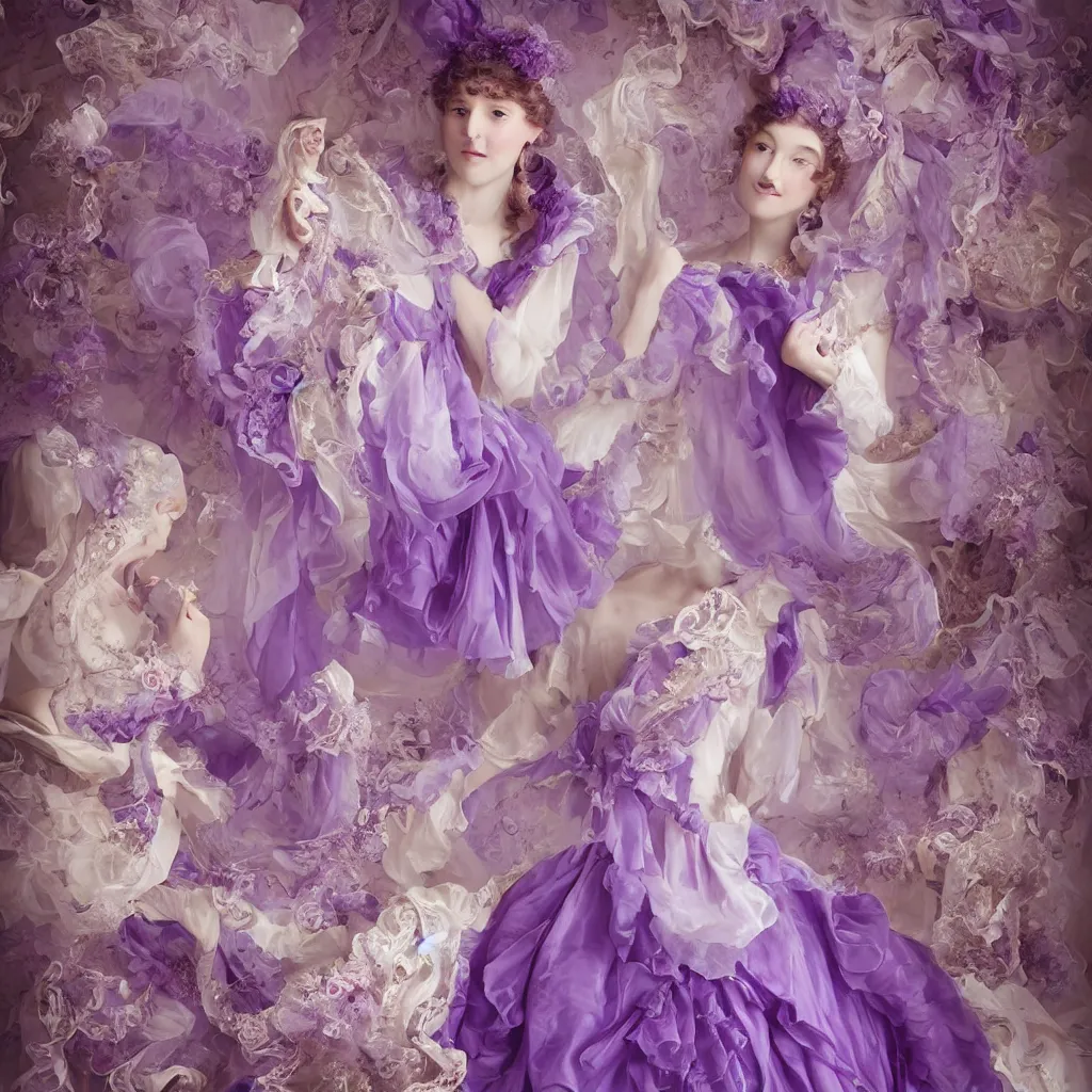 Image similar to purple dress in the style of rococo ，Victorian era，jellyfish element，dreamy, soft ,Backlight ,luminescence，highly detailed,8k