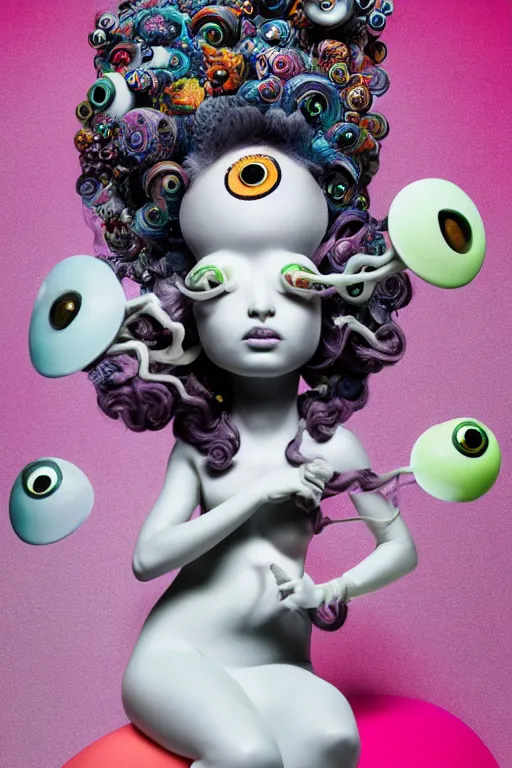 Prompt: 3 d full head and shoulders beautiful white porcelain woman smooth with colourful big eyeballs all through her hair, ornate detailed hair, 3 d swirling hair by theodor seuss geisel and daniel arsham and xiang duan, on a white background
