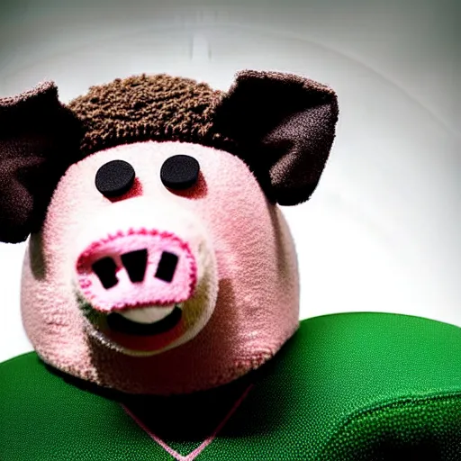 Prompt: landscape studio photograph of a pig wearing american football should pads and american football helmet depicted as a muppet