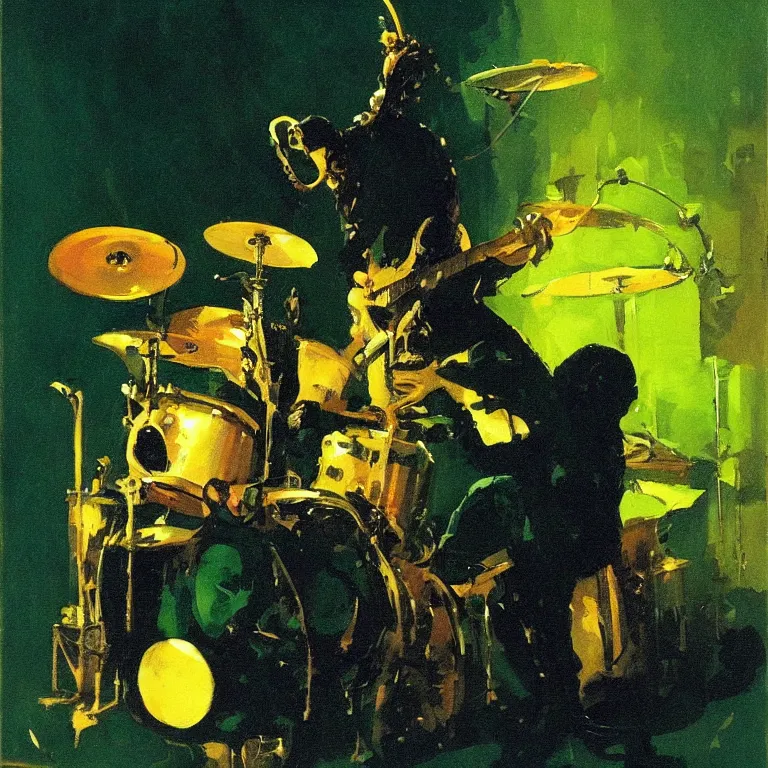 Image similar to a beautiful painting by mead schaeffer of an octopus playing drums and telecaster guitar in a rock concert, dark background, green concert light, dark mood