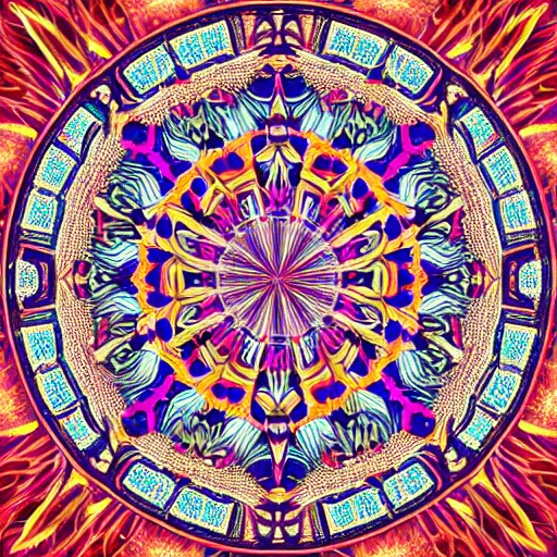 Image similar to A detailed mandala with symmetrical patterns, creating a hypnotic effect, digital painting, pixiv, concept art, 3d, by Simon Cowell, Ricardo Ow and Tom Cross