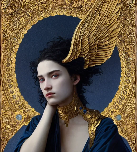 Prompt: god of death, young man, in the underworld, elegant dark blue dress, very detailed, throne, very intricate details, jewelry, gold tattoos, elaborate long black hairstyle, wings, cinematic, artstation, william bouguereau, alphonse mucha, greg rutkowski, rossdraws, octane render