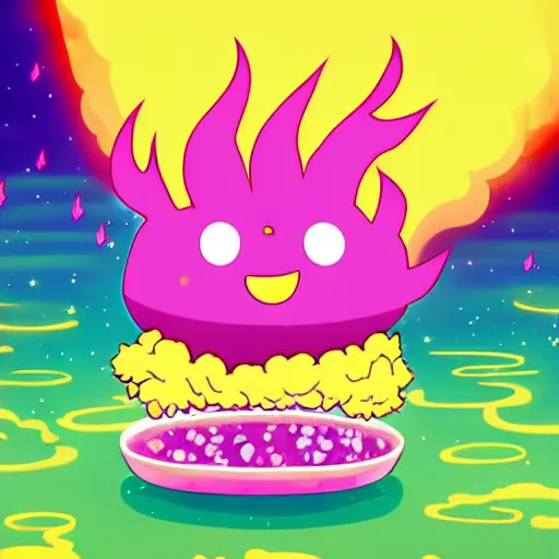 Image similar to kawaii wacky fluffy popcorn with lightning bolt power, yokai, in the style of a mamashiba, with a yellow beak, with a toroidal energy field, with a smiling face and flames for hair, sitting on a lotus flower, white background, simple, clean composition, symmetrical