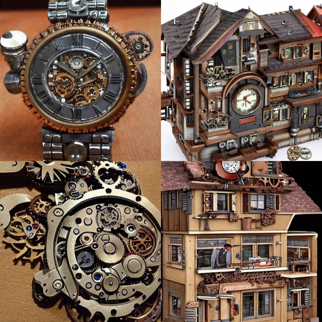 Prompt: Swiss chalet made of watch parts, detailed, steampunk