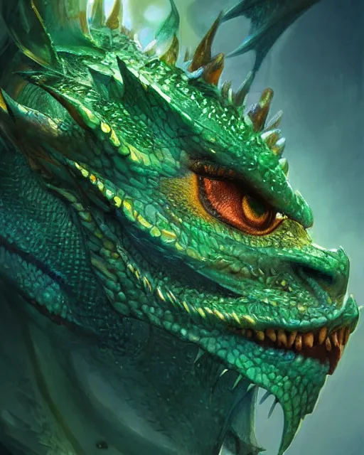 Prompt: curious dragon head with dreamy big eyes, scales, green and blue, highly detailed, digital painting, artstation, concept art, sharp focus, cinematic lighting, illustration, art by artgerm and greg rutkowski