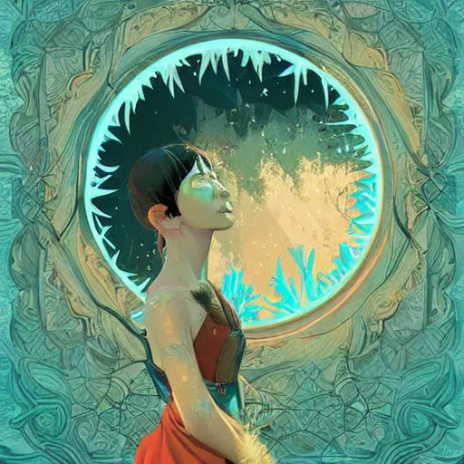 Prompt: mirror world, herbalist, turquoise. digital illustration art by jesper ejsing, artgerm, ross tran, victo ngai, photoshop vector cutout filter, highly detailed