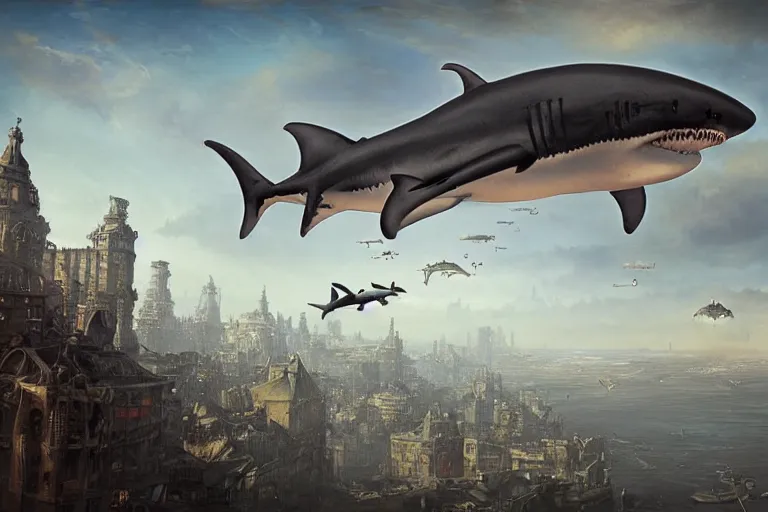 Image similar to a SHARK blimp, steampunk, digital art, extremely detailed, flying over a city, greg rutkowski, cinematic