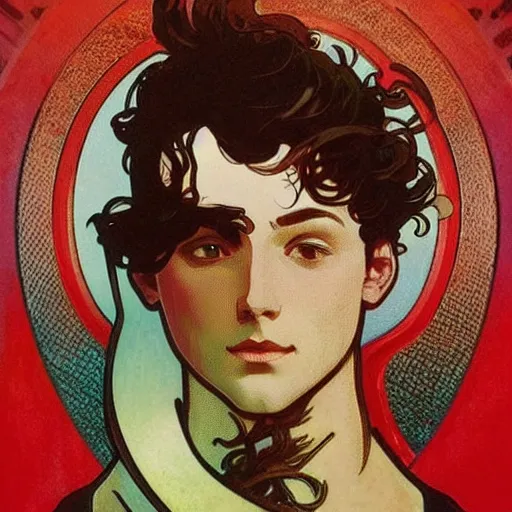 Prompt: handsome beautiful but male humanoid male robot part metal wires with wavy short dark hair, elegant, red lighting, realistic, concept art, smooth, detailed, alphonse mucha and waterhouse,