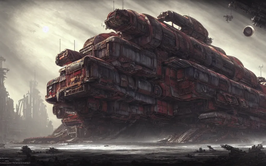 Prompt: a beautiful highly detailed matte painting of a huge derelict cargo starship, Space Hulk, WarHammer 40k by Jose Daniel Cabrera Pena and Leonid Kozienko, concept art