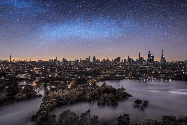 Image similar to long exposure night landscape with city on horisont, 5 seconds shutter