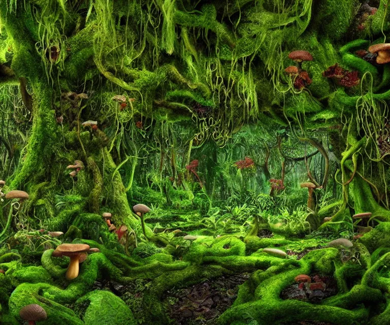 Image similar to a rainforest made of mushrooms, moss, and vines in the style of anti - art trending on artstation deviantart pinterest detailed high resolution hd 8 k