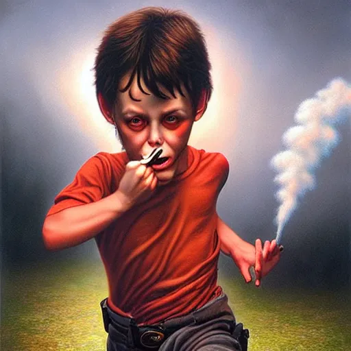 Prompt: a running child disappearing into vapor, mist, smoke, blood, scissors in hand, a detailed matte painting by Jason Edmiston