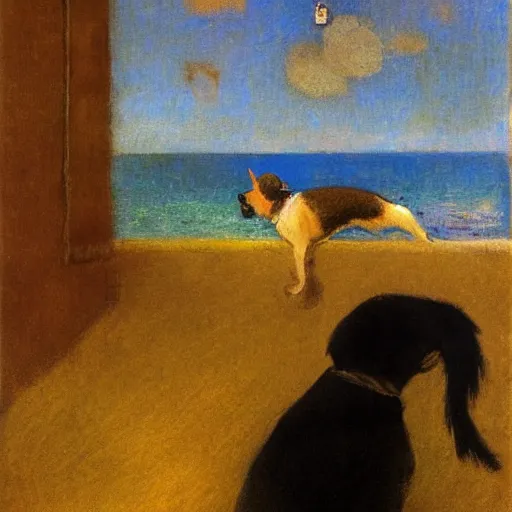 Image similar to a woman and her black and brown chihuahua looking out to sea by odilon redon