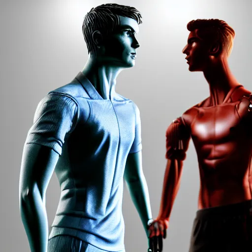 Image similar to a realistic detailed photo of a guy who is an attractive humanoid who is half robot and half humanoid, who is a male android, attractive and handsome soccer players, shiny skin, posing like a statue, blank stare, in a factory, on display, showing off his muscles, wearing soccer shorts, side view, looking at each other mindlessly