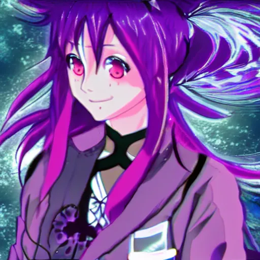 Image similar to ethereal AMV purple haired anime girl wearing a schoolgirl outfit floating in a psychedelic apocalypse in the style of Demon-Slayer