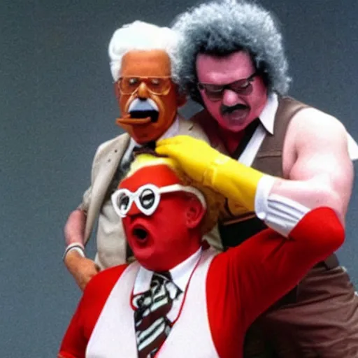 Image similar to Ronald McDonald elbow drops Colonel Sanders in WWE, 1990