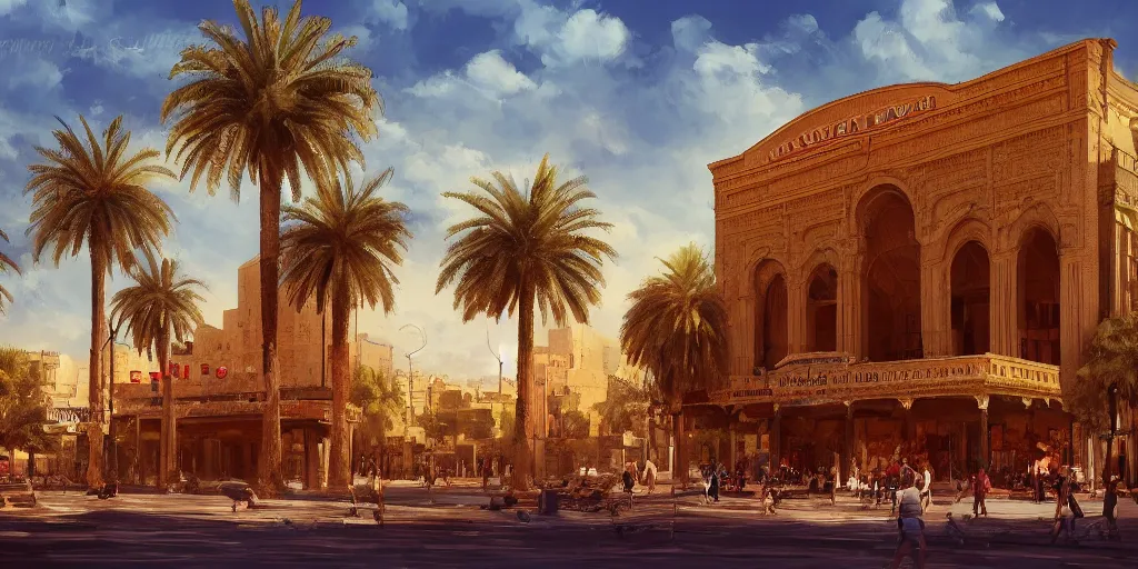 Prompt: khedival opera house, talaat Harb Square cairo, epic wide shot, beautiful clouds, painterly concept art by pixar, dappled afternoon sunlight, acacia trees, date palm trees, shrubs, flowers, artstation