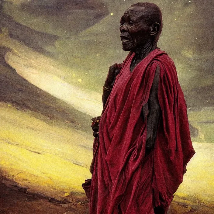 Image similar to a painting of a wise elder from Kenya by Henry Ossawa Tanner . dramatic angle, ethereal lights, details, smooth, sharp focus, illustration, realistic, cinematic, artstation, award winning, rgb , unreal engine, octane render, cinematic light, macro, depth of field, blur, red light and clouds from the back, highly detailed epic cinematic concept art CG render made in Maya, Blender and Photoshop, octane render, excellent composition, dynamic dramatic cinematic lighting, aesthetic, very inspirational, arthouse.