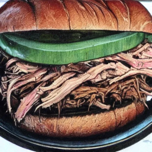 Image similar to pulled pork sandwich, artwork of h.r. giger