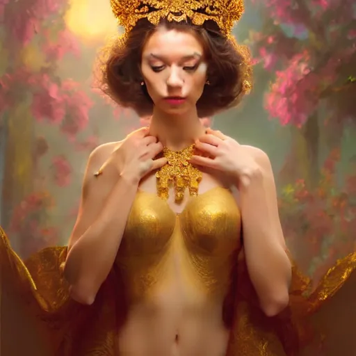 Prompt: expressive oil painting, of alluring european princess, seductive look, smooth glowing skin, glistening body, love, adoration, sauna, ornate headpiece made from flowers, glamour shot, by yoshitaka amano, by greg rutkowski, by jeremyg lipkinng, by artgerm, digital art, octane render