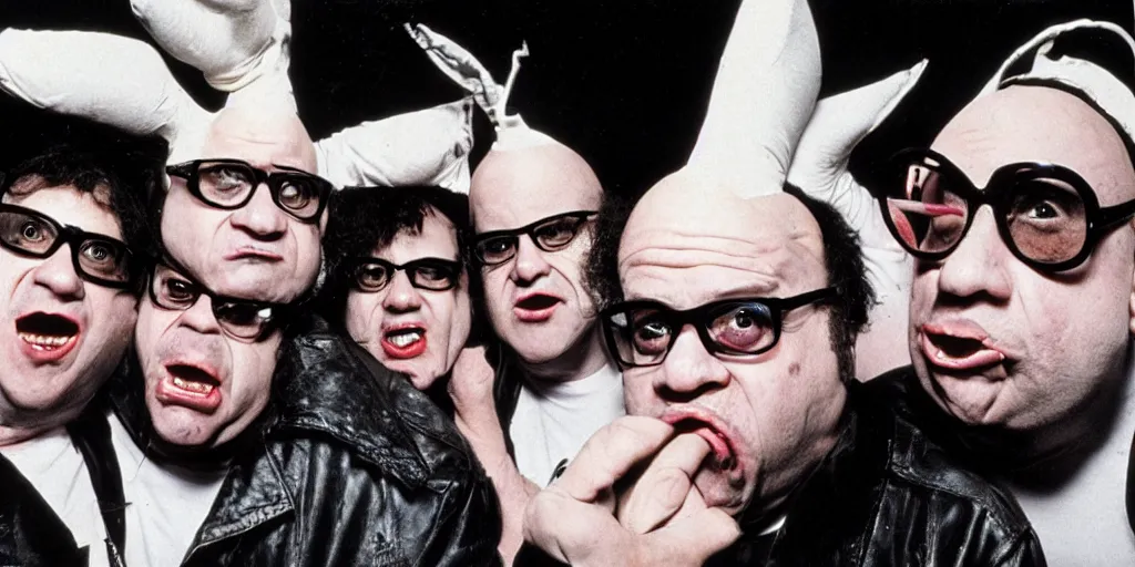 Image similar to Danny DeVito coneheads punk rock band, 1980s surrealism aesthetic, detailed facial expressions