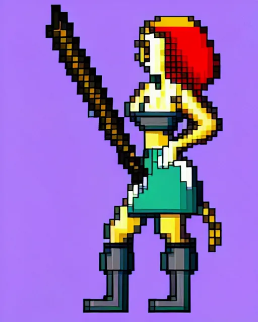 Image similar to a pixel art picture of a woman holding a sword, pixel art by lichtenstein, polycount contest winner, pixel art, isometric 2 d game art, 1 6 bit, dynamic pose, # pixelart