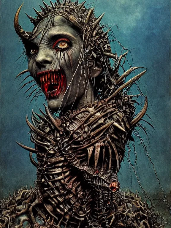 Prompt: A creepy armored horned fanged demon woman with blue scarred skin wrapped in barbed wire. Extremely high detail, realistic, fantasy art, solo, bones, masterpiece, saturated colors, tangled, ripped flesh, art by Zdzisław Beksiński, Arthur Rackham, Dariusz Zawadzki