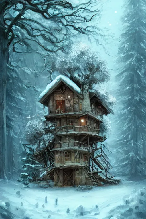 Prompt: a storybook ramshackle multistory tree hut in the snowy woods, elegant, fantasy, highly detailed, digital painting, concept art, sharp focus, illustration, artstation, fairytale style