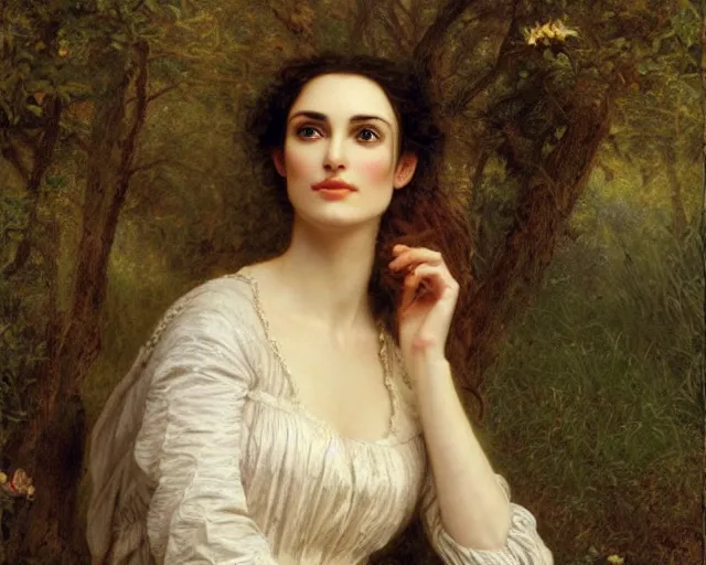 Prompt: portrait en buste of winona ryder kiera knightley in repose by Hughes Merle, by Pierre Auguste Cot, perfect realistic eyes, realistic fabric, abundant detail