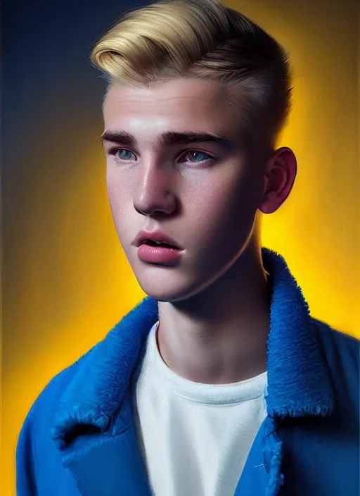 Image similar to portrait of a high school senior boy named moose mason, blonde short hair, jock, beefy, square jaw, square facial structure, 1 9 5 0 s, blue varsity jacket, intricate, elegant, glowing lights, highly detailed, digital painting, artstation, concept art, smooth, sharp focus, illustration, art by wlop, mars ravelo and greg rutkowski