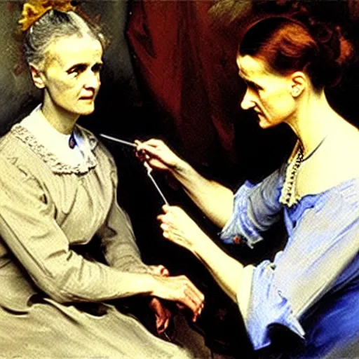 Image similar to marie curie getting vaccinated, painting by john singer sargent, oil on canvas